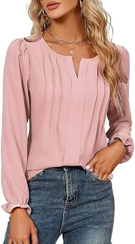 GUCURIN Chemisiers et Blouses Femme Manches Longues Col en V Décontracté Style Tunique Chic et Elegant Vetement,Rose,M