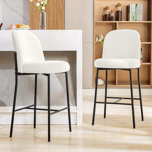 LONXIU Barhocker 2er Set mit Rückenlehne und Fußstütze, Sitzhöhe 71cm Barstuhl Küchenstuhl Bouclé-Gewebe Metallgestell, Hausbar, Esszimmer, Weiß