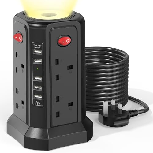 Extension Lead with USB Slots and Night Light, (13A 3250W) 5 USB Ports and 8 Way Extension Tower, Surge Protection Extension Lead with Switch, 5M Extension Cable for Home Office