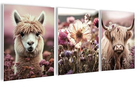artissimo, Bilderset 3er-Set, PE6758-DS, 3 Bilder 30x40cm, moderne Bilderwand, Wandbilder-Set in rosa und beige, Alpaka, Hochlandrind, Blumenwiese, boho