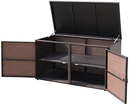 HOMASIS 335L Auflagenbox Wetterfest Outdoor, PE-Rattan Aufbewahrungsbox mit Deckel & Doppeltüren & Ablage, 2-stöckiger Gartenschrank Kissenbox Gartentruhe Gartenbox für Balkon, 115x60x65cm (Braun)
