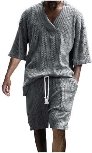 Herren-Pyjama-Set mit Waffelstrick, V-Ausschnitt, atmungsaktiv, Jacquard, lockere, kurzärmelige Anzüge, Siebenviertelärmel, Loungewear, Strand, Walking, Anzüge für Urlaub, 2-teiliges Freizeitoutfit