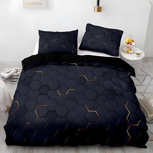 Qiwagu Bettwäsche 135x200 Goldene Streifen, Bettwäsche-Sets Schwarzes Plaid aus Microfaser, Bettbezug 135 x 200 und 1 Kissenbezug 80x80 cm, Z37