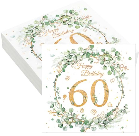 MBAIYO 60.Geburtstag Deko Servietten,Servietten 60 Geburtstag Mann,40 Stück Taschentuch Eukalyptus Gold Grün Papierservietten Für Wiegenfest Mann Frau Party Happy Birthday Geburtstagsdeko