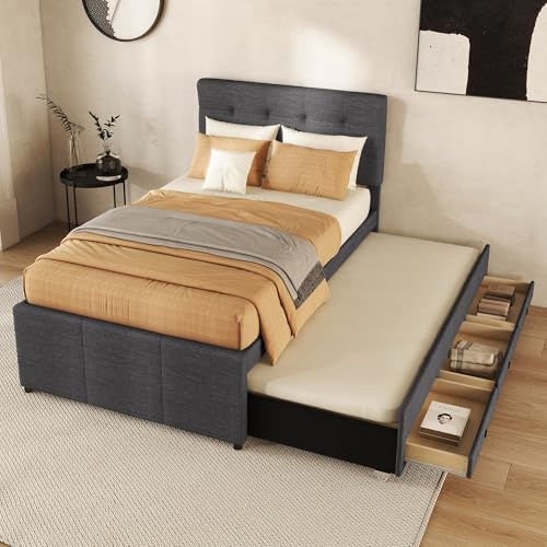 Oxtao Letto imbottito 90 x 200 cm, letto singolo con 3 cassetti, telaio letto con letto estraibile 90 x 190 cm, testiera regolabile, letto familiare, lino, senza materasso (grigio, 90 x 200 cm)
