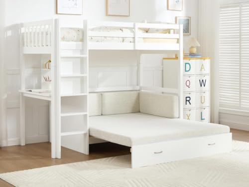 Vente-unique-Hochbett mit Sofa mit Schlaffunktion - 90 x 190 cm- Kiefernholz & MDF - Weiß - ORPELIA