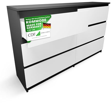 CDF Kommode Anthrazit Weiß mit 6 Schubladen 30 cm Tief Komodenschrank Komode für Wohnzimmer Schlafzimmer Schubladenschrank Malm Kommode viel Stauraum Geeignet Organizer Kleidung 120 cm Breite Modern
