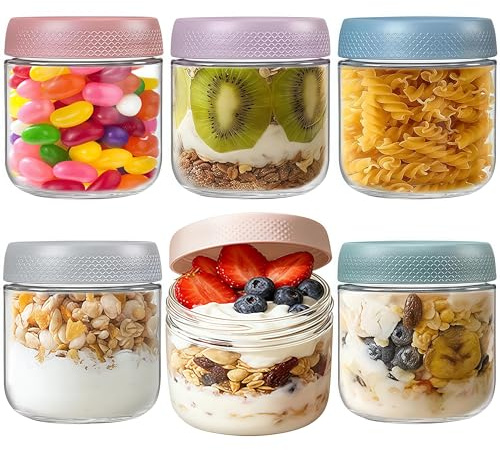 CHUNGG 6 Pcs 12 oz Overnight Oats Jar, Glass Jar with Screw Lid Leakproof Overnight Oats Container, Oatmeal Salad Jars, for Cereals Milk Fruit, Breakfast Pots with Lid, 4 Colors 350ml