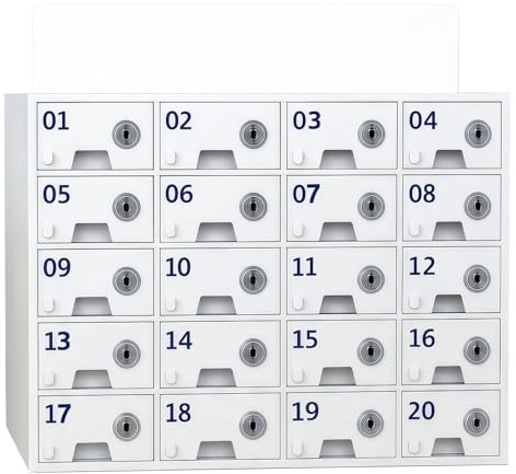 TAZZOR Handy-Schrank, 20 Fächer, Acryl, mit Ladeanschluss, abschließbar | Für Klassenzimmer und Büros; Wand- oder Tischmontage.