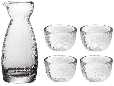 Garneck Japanisches Sake Set Glas 1 Kanne 4 Becher Transparent | Gehämmertes Sake Glas, Für Zuhause Bar Restaurant, Für Besondere Anlässe, Transparentes Glas Set