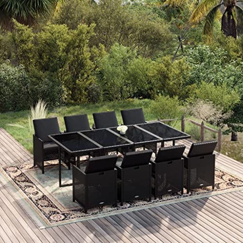 Runheo Ensemble à Manger de Jardin 9 Places, résine tressée Noire, Coussins Inclus, Table Extensible en Verre trempé, mobilier d'extérieur Robuste pour Patio