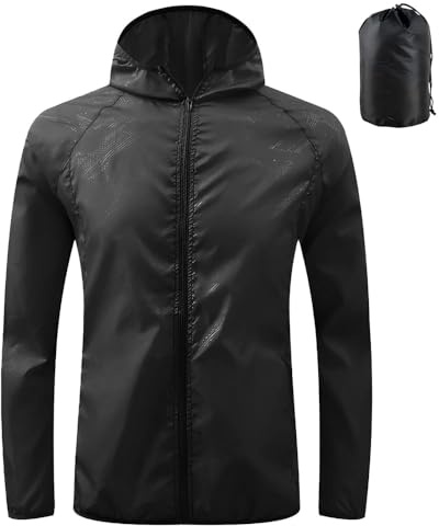 LXEASYGO Men's Lightweight Waterproof Jacket Packable Hooded Rain Jacket Outdoor Sun Protection Windproof Raincoat for Cycling, Running, Hiking (UK, Alpha, XXL, Regular, Regular, Black)