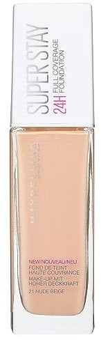 Maybelline New York Foundation, Superstay 24-Stunden-Foundation, leichtes Gefühl, wasser- und transferbeständig, 30 ml, Farbton: 21 Nude Beige