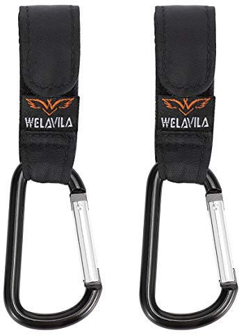 WELAVILA Universal-Kinderwagen-Clips zum Aufhängen Ihrer Wickeltasche und Einkaufstasche am Kinderwagen oder Kinderwagen, Schwarz, 2 Stück