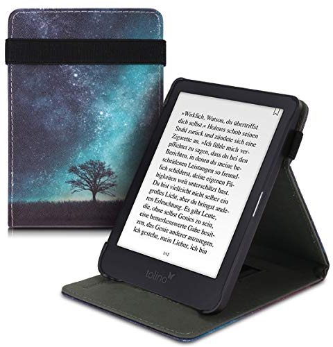 kwmobile Hülle kompatibel mit Tolino Shine 3 Hülle - Case mit Schlaufe und Ständer - Galaxie Baum Wiese Blau Grau Schwarz