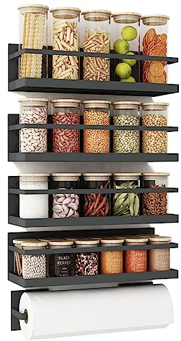 Roysili Magnetic Spice Rack for Refrigerator Magnetic Fridge Shelf for Kitchen Spice Organizer Magnetic Shelf for Fridge Space Saving Black 4 Pack with Magnetic Paper Towel Holder