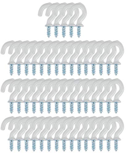 sourcing map 50pcs Cup Ceiling Hooks 1/2 Inch Vinyl Coated Metal Screw in Holder Hooks for Home Office Plants Outdoor Lights Hanger White