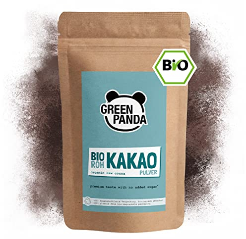 GREEN PANDA® BIO Rohkakao aus Premium Kakaobohnen | Bio Kakaopulver ohne Zucker | Kakao stark entölt für Trinkschokolade, Shakes, Desserts, zum Backen, Raw Cacao Powder | 500g