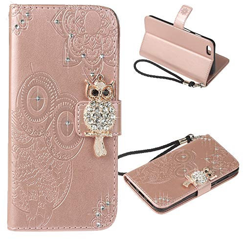 IMEIKONST Case for iPhone 8 Plus Owl Glitter Embossed Sparkly Gems Shockproof PU Leather Wallet Flip Stand Card Slots Magnetic Silicone Bumper Folio Cover for iPhone 8 Plus / 7 Plus Owl Rose YK
