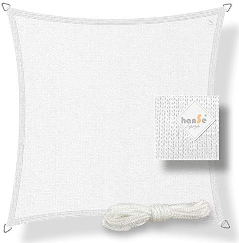 hanSe Sonnensegel quadratisch, Segeltuch Quadrat, 5x5m in Weiß, aus HDPE Gewebe, wetterbeständig mit UV Schutz und Sonnenschutz für Garten, Balkon und Terrasse