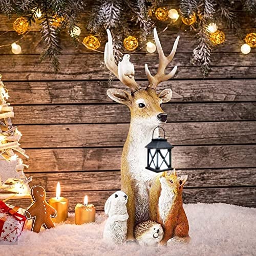 FUFRE Gartenfiguren Für Außen, Mit LED Laterne Kleine Hirsch-Lichter, Kunstharz Wetterfest Geeignet Für Haus, Garten, Hof, Terrassenkunstdekorationen