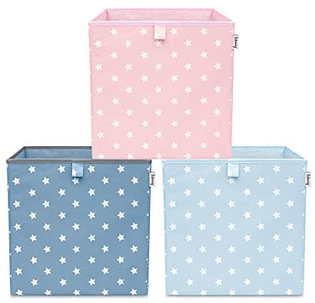 LIFENEY Aufbewahrungsbox 3er Set Sternenmotiv in Türkis, Rot & Blau I Spielzeugbox mit Sternen passend für Würfelregale I Aufbewahrungskorb als Accessoire für dein Zuhause | 33x33x33 cm