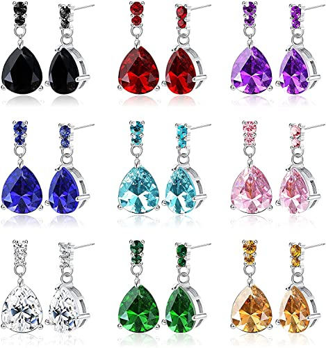 LOLIAS 9 Paar Wassertropfen Zirkon Ohrhänger Multicolor Edelstahl Tropfen Ohrhänger für Damen Mode Elegant Ohrstecker Silber/Gold