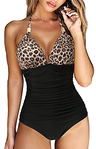 DOULAFASS Swimming Costume Women Tummy Control Swimsuit Halter V Neck Padded One Piece Black for D-F Cup
