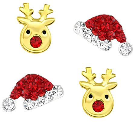 FIVE-D 2 Paar Ohrringe Weihnachten Nikolaus Mütze Weihnachtsbaum 925 Silber (RentierGold-Mütze)