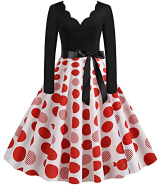 YMING Femme Demoiselle d'honneur d'hiver Robes à Col en V Robe Imprimée en Treillis Robe à Manches Longues Points Rouges S