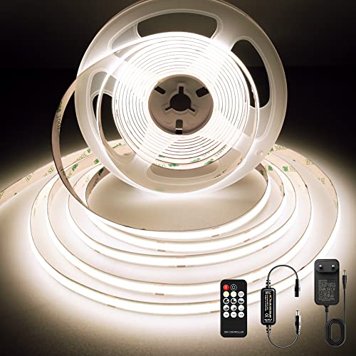 BERIXDEEP Striscia LED COB 5 Metri, Striscia LED Bianco Naturale con Alimentatore e Telecomando, CRI>90, DC24V, 480LEDs/M, Larghezza 8mm, Striscia LED Continua senza Punti Luce, 4000K