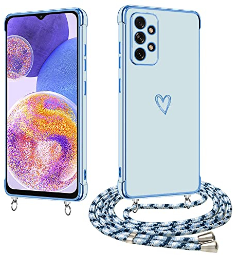 E-Lush Handyhülle für Samsung Galaxy A23 5G / 4G Hülle mit Band, Handy Hülle für Samsung A23 5G mit Kette Schutzhülle Herz Love Muster Galvanik Silikon Stossfest Case mit Kordel zum Umhängen, Blau