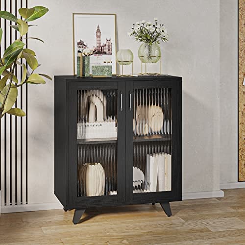 Panana Kitchen Sideboard Wood Storage Cabinet Accent Cupboard with 2 Doors and Shelf for Dining Room, Living Room, Entryway (Black, 69cm)