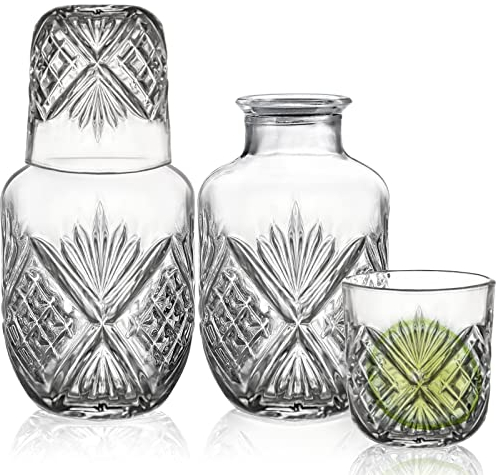 Suwimut 4 Pieces Bedside Water Carafe and Glass Set, 500ml/18 OZ Vintage Night Water Carafe with Tumbler Cup, Glass Mouthwash Decanter for Bathroom, Glass Juice Water Pitcher Set