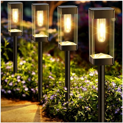 Gorrzai Solar-Weglichter, 8 Stück, Solar-Außenleuchten, verbesserte Edelstahl-Gartenleuchten mit LED-Wolfram-Filament-Birne, wasserdichte Solarenergie, Auffahrtlichter für Landschaft, Gehweg, Hof,