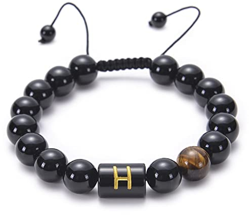 BCughia Beads Armband, Loveful Armbänder Schwarz Beads Armband Rundschliff Onyx Verstellbare Perlen mit Buchstabe H Schmuck Geschenk 18cmx10mm
