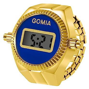 JewelryWe Ringuhr Fingeruhr Damen Digitaluhr - Gold Runde Digital Elastisch Edelstahl Ring Uhr Frauen Fingerringuhr Uhrenring mit Kalender, Stoppuhr und Blau Zifferblatt