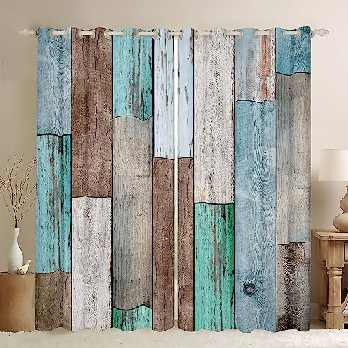 Cortinas rústicas de granja, cortinas de ventana de rayas de madera para niños, niñas y adolescentes, paneles de madera azul, cortinas de tratamiento de ventana, cortinas de decoración del hogar,