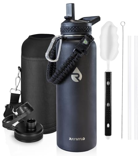 RAYMYLO Insulated Water Bottle 40 oz, Triple Wall Vacuum Stainless Steel (Cold for 48 Hrs), Leak Proof & Non-BPA, Modern Water Flask Jug with Paracord Handle & Straw Spout Lids, Magic Black