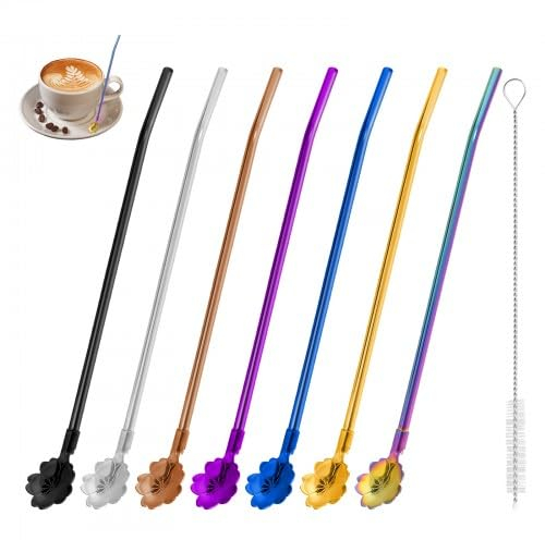 7 Pièces Paille Cuillère Inox, Paille et Cuillère, Pailles Cuillère 2 en 1, Cuillère à Paille Réutilisable, Cuillère Paille à Cocktail Longue, avec Brosse de Nettoyage, pour Smoothies Laits Frappés
