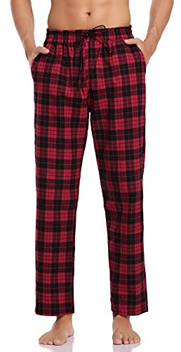 Litherday Pantalon de Pyjama Homme Bas de Pyjama à Carreaux 100% Coton Longue Cofortable Respirant Décontracté Doux,Rouge + Noir,M-2