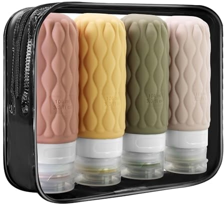 100ml Silicone Travel Bottles for Toiletries with Labels/Clear Bag, Holiday Travel Essentials Leakproof Refillable Squeeze Travel Size Containers Set for Shampoo and Conditioner