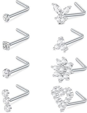 FECTAS 18g Nasenstecker Ring Edelstahl Nasenstecker Diamant CZ Herz L-förmige Nase Ringe für Frauen Nasenloch Piercing Schmuck