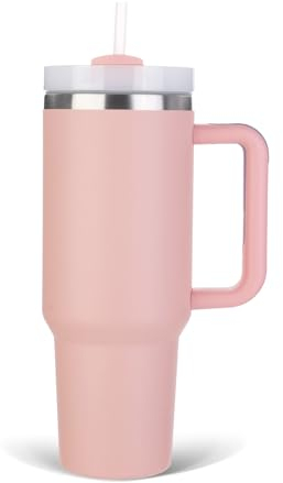 40 oz Tumbler with Handle, Insulated Tumbler with Lid and Straw, Stainless Steel Vacuum Insulated Travel Coffee Mug Cup, Double Wall Metal Tumbler Maintains Cold Ice Heat for Hours,1182ml(Light Pink)
