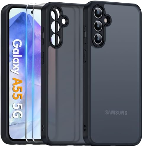 COPIKE Cover Opaca per Samsung Galaxy A55 5G e Protezione Fotocamera con 2 Pezzi Vetro Temperato, [Antiurto Grado Militare] Custodia Posteriore Glassata Traslucida Anti-Impronte, Nero