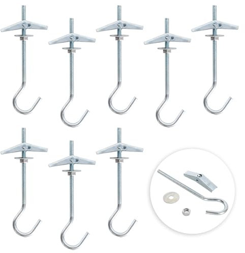 8 Pcs Wing Spring Toggle Hook, Ceiling Hooks Plasterboard, Carbon Steel Mount Hook Fixing Anchors Bolts, with Threaded Hooks, for Drywall Cavity Hollow Wall Board Plank Hanging Plants Lights, M4x90mm