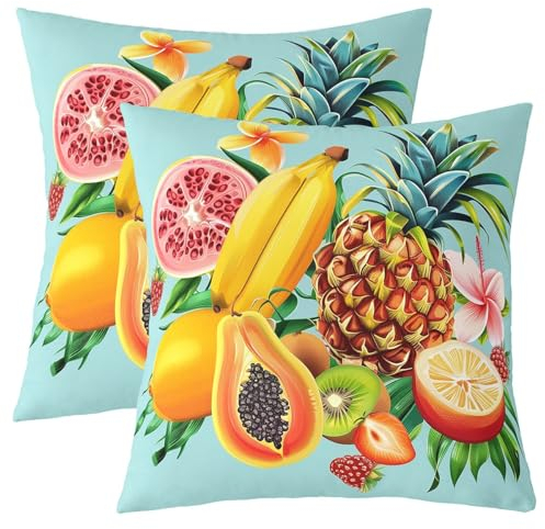 Housse d'oreiller Fruits Tropicaux 60x60 Lot de 2,Housse d'oreiller Ananas Banane Citron Papaye pour Enfants,Housse de Coussin Hawaiian Fruit Flower,Housse de Coussin Décoratif Summer Palm