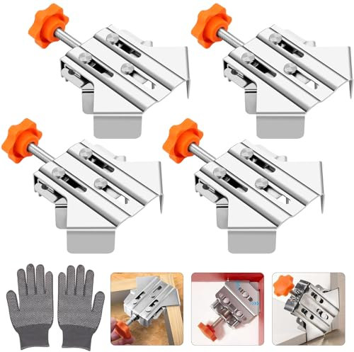 90 Degree Right Angle Clamp, 4PCS Corner Clamps for Woodwork, Single Handle Aluminium Alloy Clamp, Photo Framing Tools, Woodworking Clamps for DIY Woodworking Welding (4 PCS) (4Pcs Stainless)