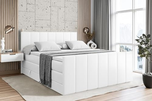 ALTDECOR Boxspringbett mit Matratze und Lattenrost, Topper, Fußteil,Polsterbett mit Bettkasten, Bett mit Stauraum H3- und H4- Matratze, Doppelbett -MOETI-Z King -180x200 - Weiß Kunstleder