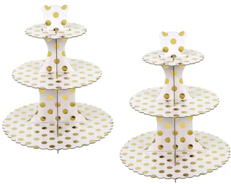 PYGHAP 2PCS Cake Stand Card board Cupcake Stand 3 Tier Cupcake Dessert Holder Cardboard Round Tower Cardboard Cake Stands for Afternoon Tea, Birthday, Party, Baby Showers (Golden Dots)